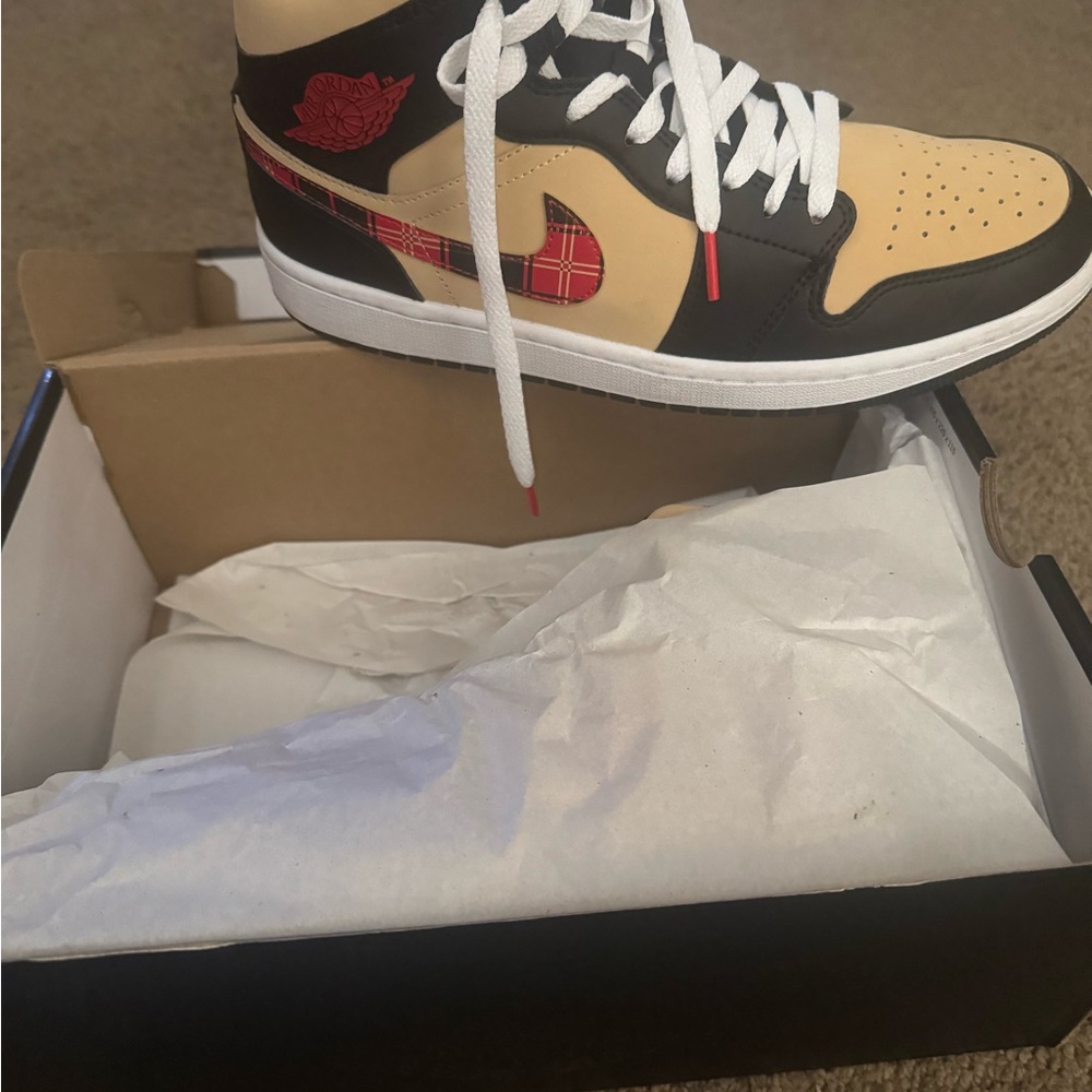 Nike Black and Tan High-Tops with Red Plaid Accent